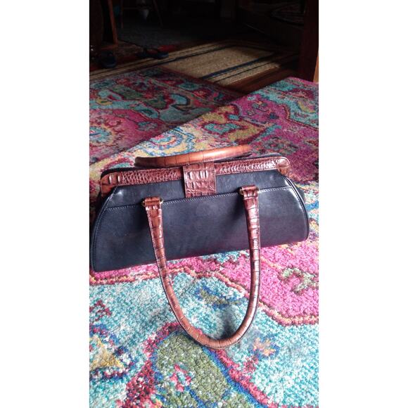 Brahmin Tuscan Collection Croc Black Leather Buckle Satchel Baguette - Picture 2 of 4